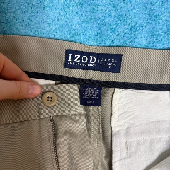 IZOD American Chino Pants Tan 34x34 Flat Front Straight Fit Wrinkle Free NWT - Picture 11 of 16